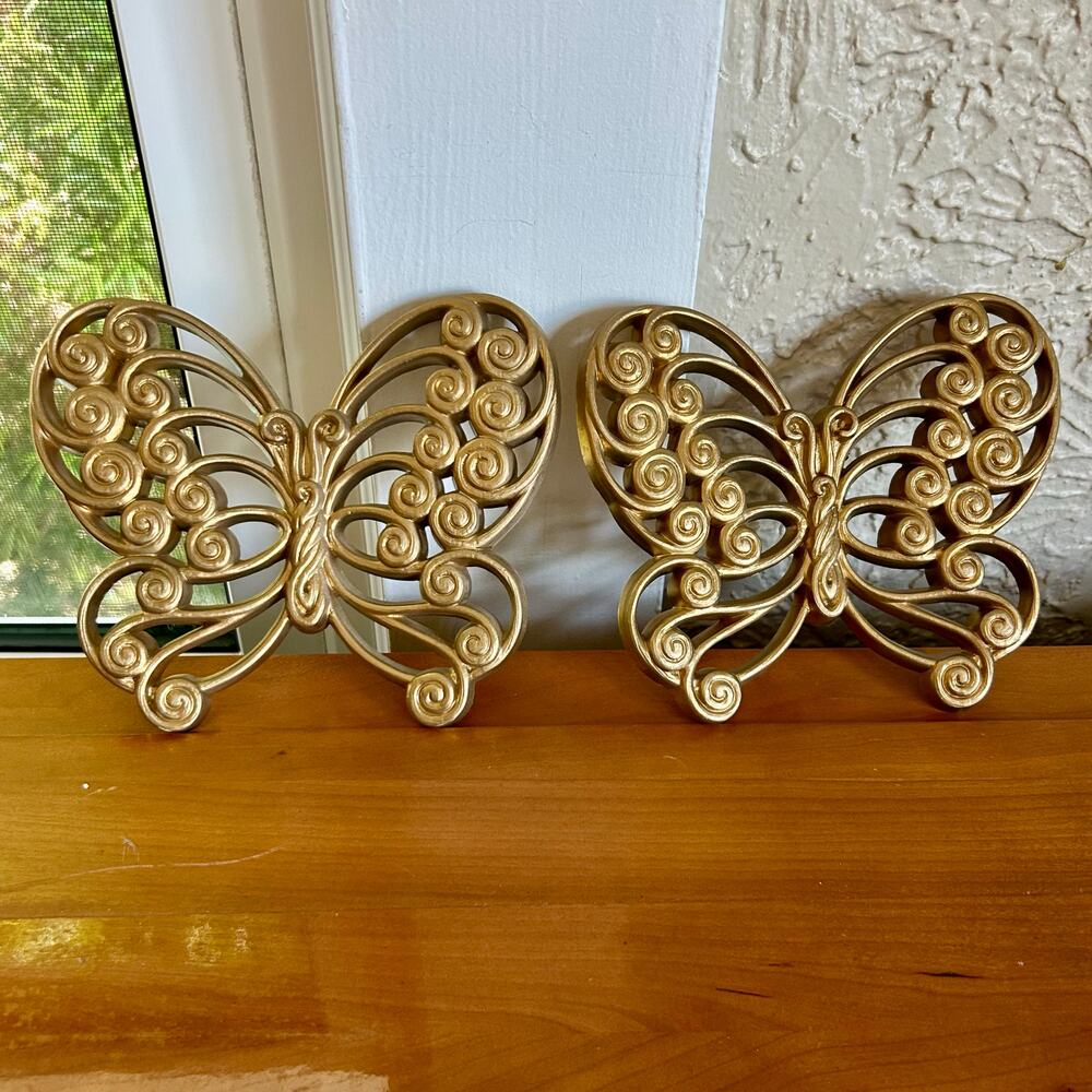 Set of 2 Vintage Burlwood MCM Butterfly Wall Hangings – Retro Swirl Design